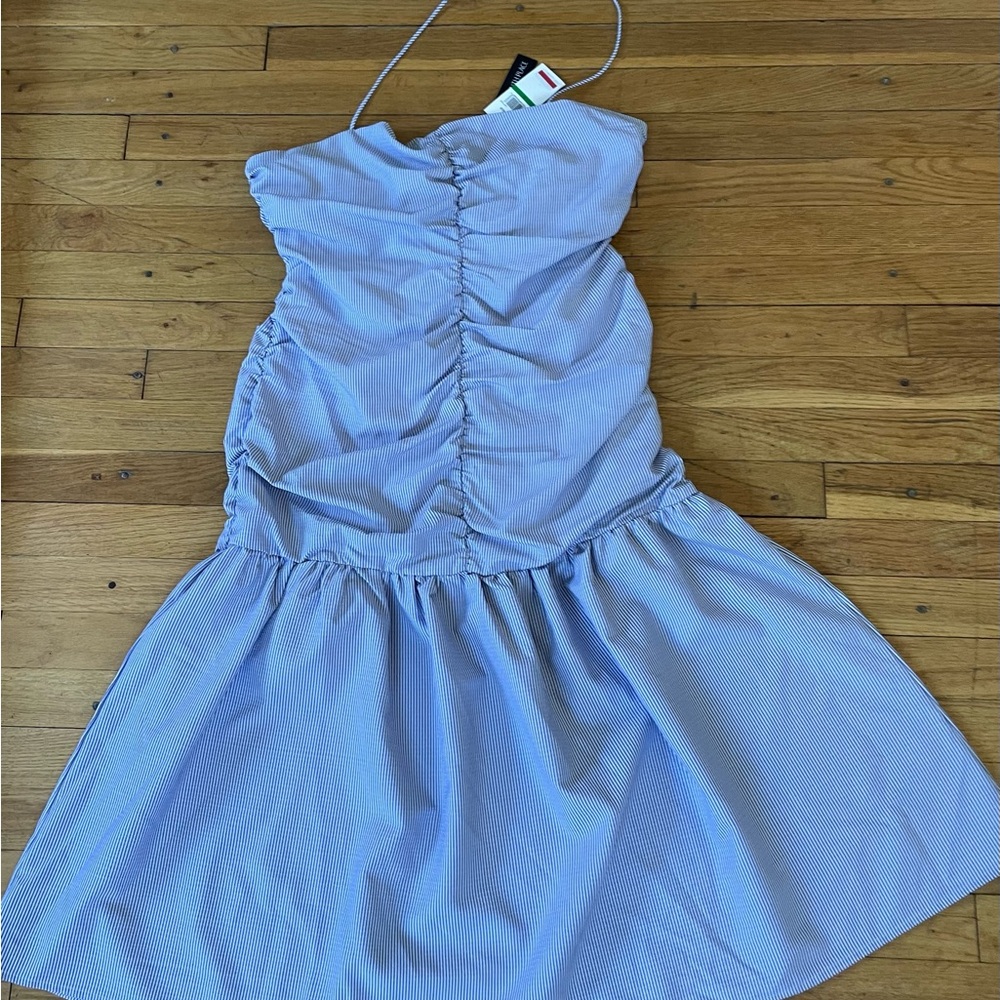 Strapless Ruched Midi Dress in Light Blue
